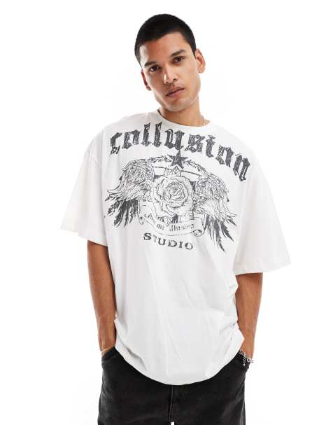 COLLUSION – Biały T-shirt oversize o fasonie skate z tatuażowym nadrukiem z różą - view 1