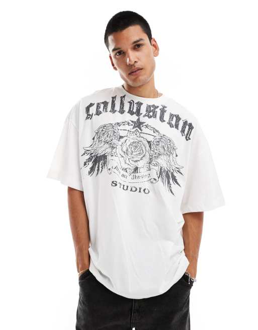 COLLUSION – Biały T-shirt oversize o fasonie skate z tatuażowym nadrukiem z różą