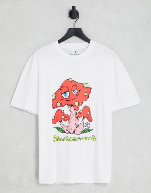 COLLUSION – Biały T-shirt oversize z nadrukiem grzybów