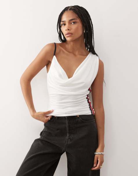 COLLUSION cowl neck cami with sporty stripe detail in white