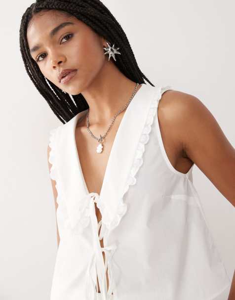 COLLUSION tie front top with collar detail in white