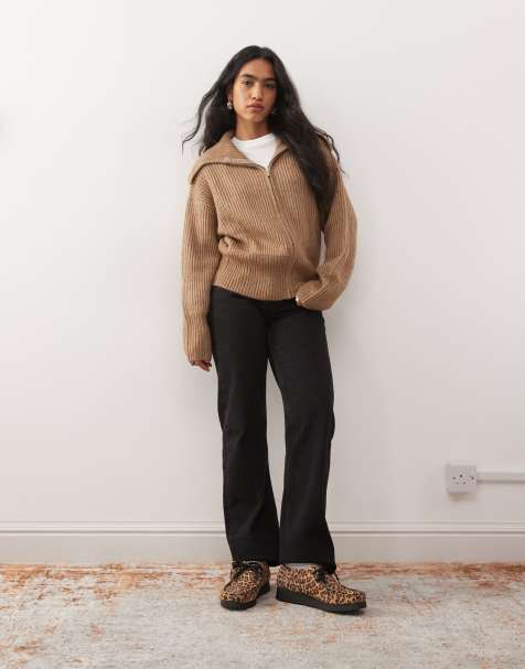 COLLUSION knitted zip through cardi in mocha brown