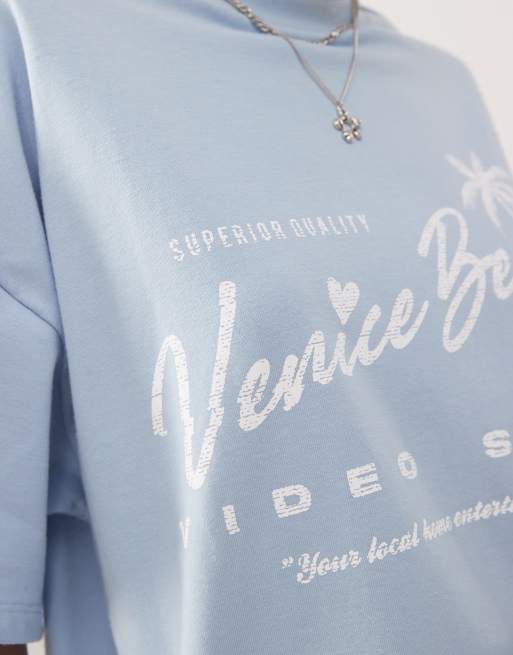 COLLUSION - Blå kraftig T-shirt med 'Venice Beach'-grafik, 2 af 4