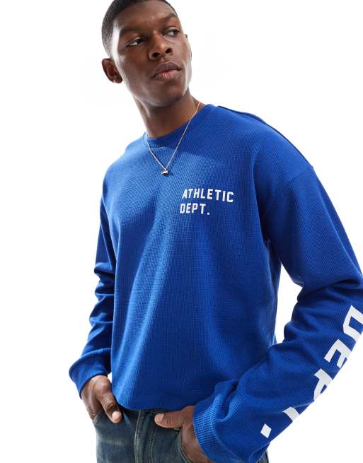 COLLUSION – Blå, långärmad t-shirt med skater-passform och "athletic"-tryck, 3 av 4