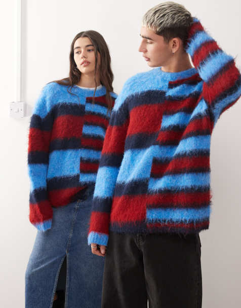 COLLUSION – Blå och rödrandig, fluffigt stickad tröja i unisex-modell med delad design - view 1