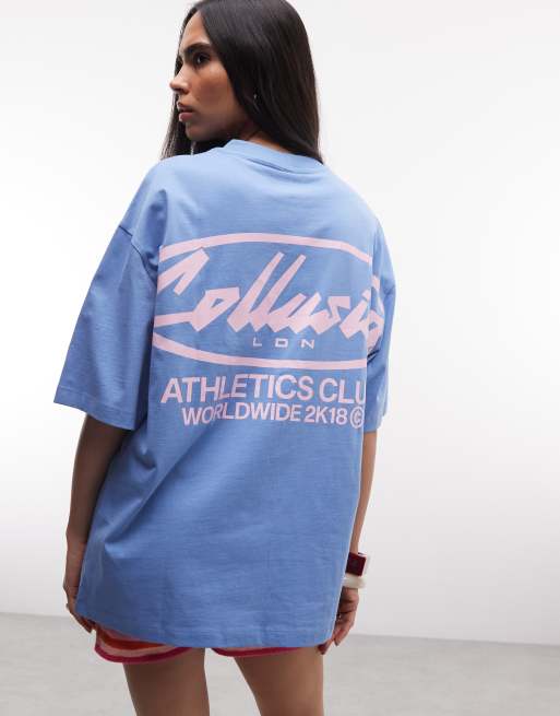 COLLUSION - Blå oversized skater-T-shirt med korte ærmer og grafik på ryggen, 3 af 4