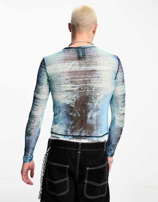 COLLUSION – Blå suddigt mönstrad topp i unisex-modell och mesh med långa ärmar, 2 av 4