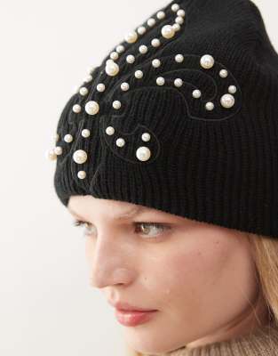 Collusion Black Beanie With Pearl Detail In Black