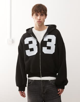 Collusion COLLUSION black boxy zip through hoodie with number graphic