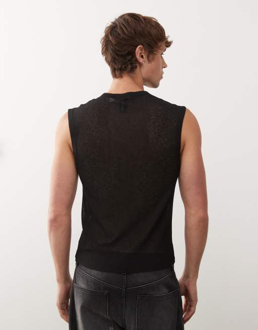 COLLUSION Black henley button-down singlet in mesh, 3 of 5