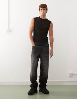 Collusion Black Henley Button Placket Tank In Black
