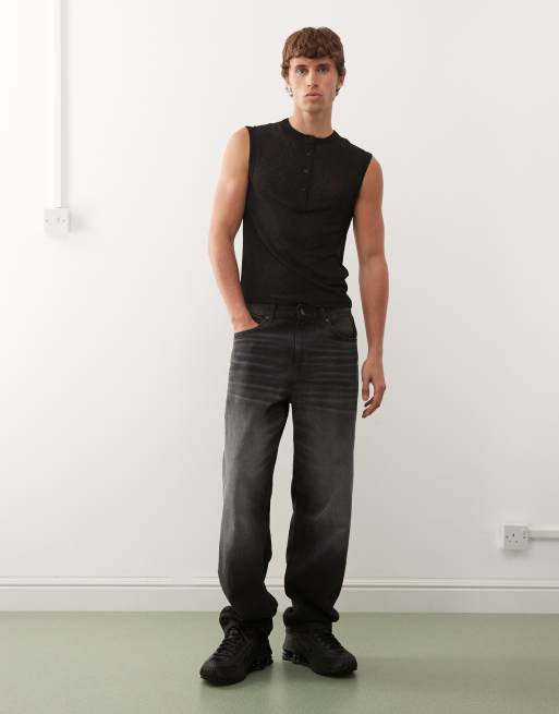 COLLUSION Black henley vest button down in mesh, 2 of 5
