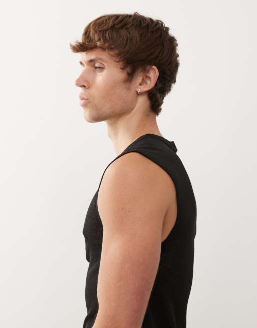 COLLUSION Black henley vest button down in mesh, 4 of 5