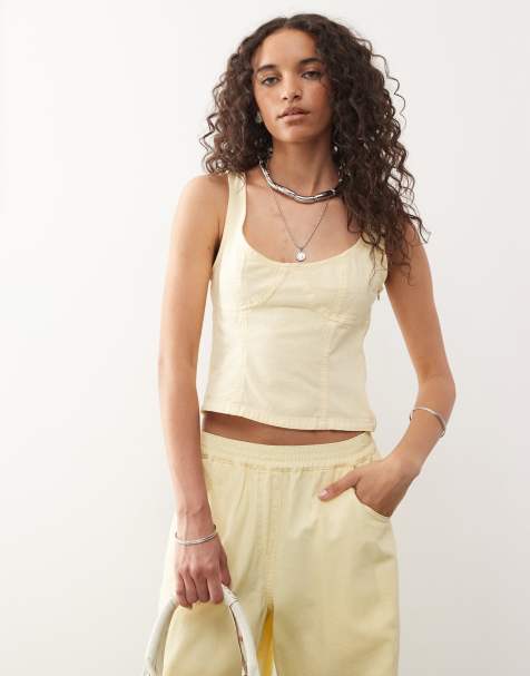 COLLUSION linen look fitted sweetheart neckline vest co-ord in buttermilk