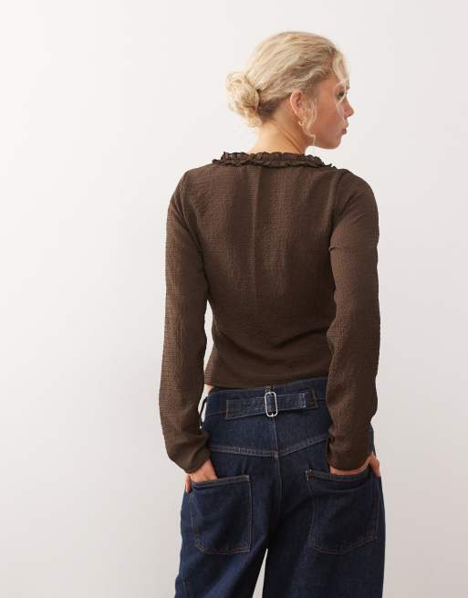 COLLUSION - Blouse manches longues à volants - Marron, 3 de 4