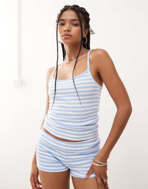 COLLUSION blue and white stripe cami top and shorts set - view 1