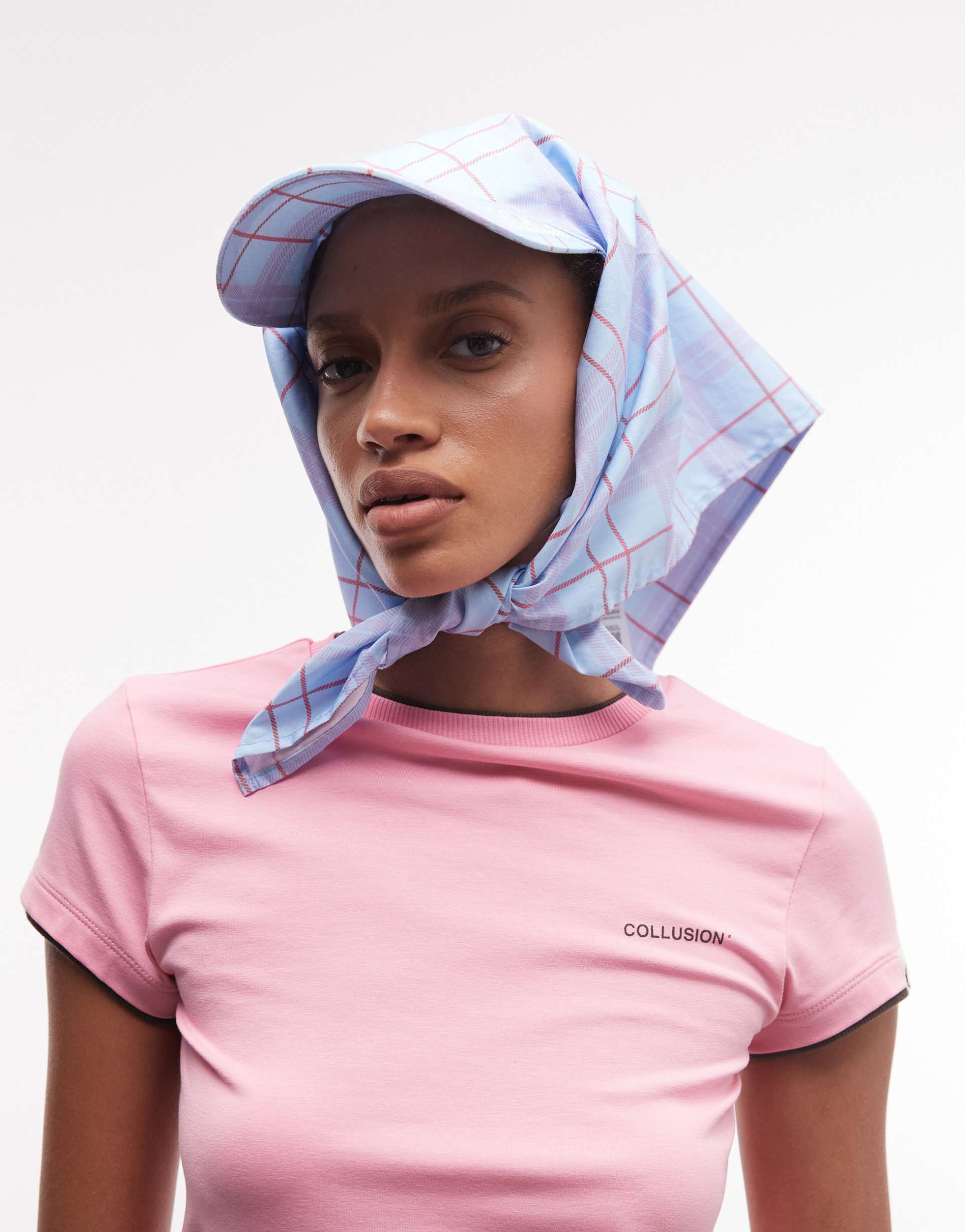 collusion blue check headscarf with cap detail
