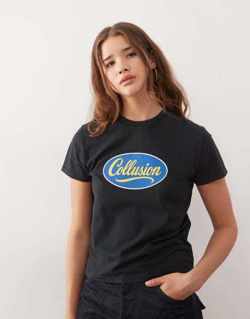 COLLUSION blue logo ringer graphic anti fit tee , 4 of 4