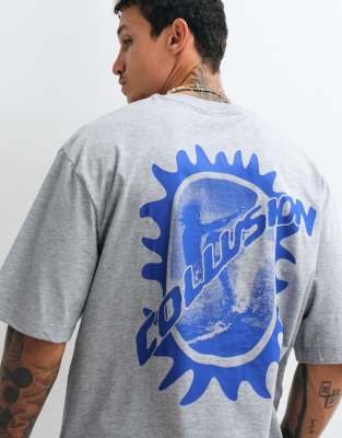 Collusion Blue Surf Graphic Oversized Short Sleeve T-shirt In Gray