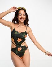 ASOS DESIGN asymmetric strappy one shoulder cut out swimsuit in sage green