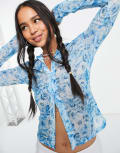 [Collusion] COLLUSION blurred floral print mesh shirt in aqua-Blue 4 AQUA