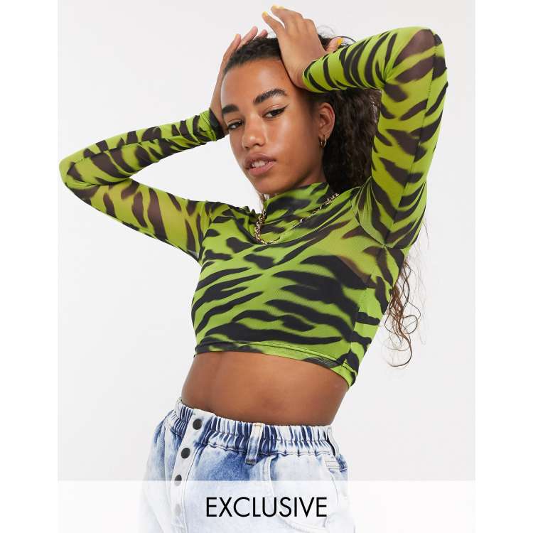 COLLUSION blurred zebra mesh long sleeve crop top