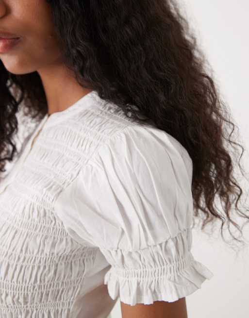 COLLUSION - Blusa a maniche corte arricciata bianca con bottoni, 4 di 4