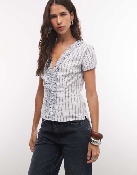 COLLUSION blusa a maniche corte con volant a righe blu e marroni - view 1