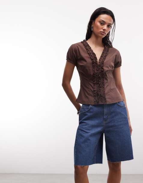 COLLUSION - Blusa a maniche corte marrone con volant - view 1