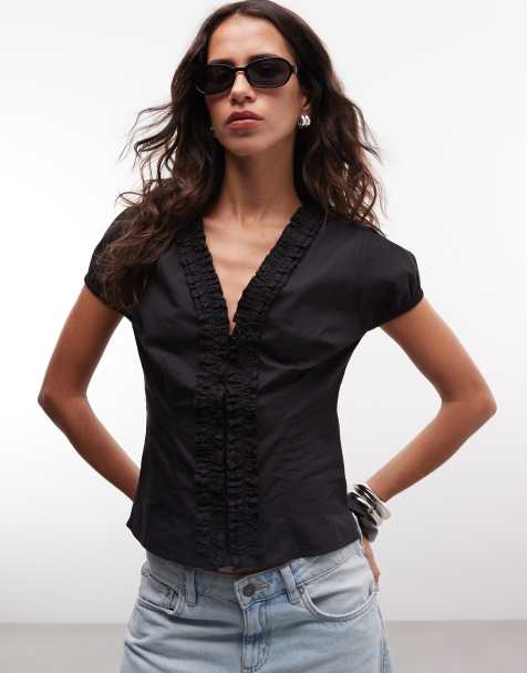 COLLUSION - Blusa a maniche corte nera con volant - view 1