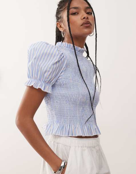 COLLUSION - Blusa arricciata a righe blu e bianche - view 1