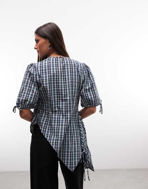 COLLUSION - blusa con detalle de canalé a cuadros azul, 4 de 4