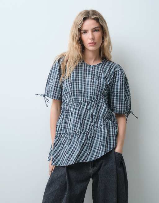 COLLUSION blusa con dettaglio a canale a quadri blu, 5 di 5