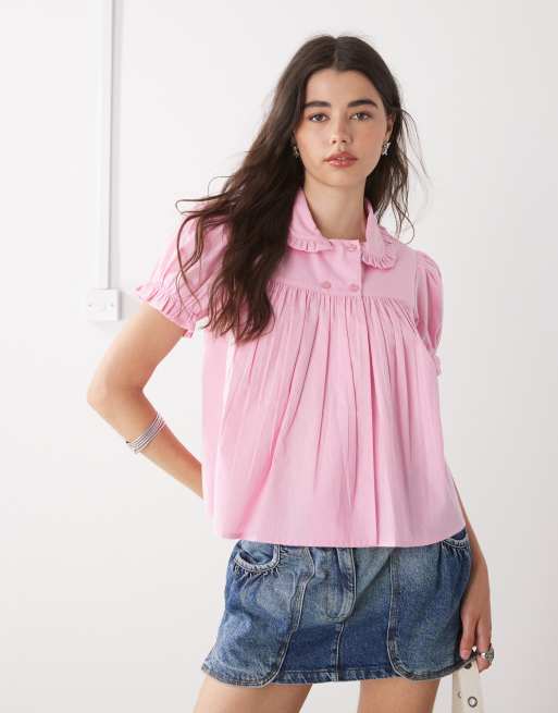 COLLUSION - Blusa rosa slavata con volant sul colletto e sulle maniche