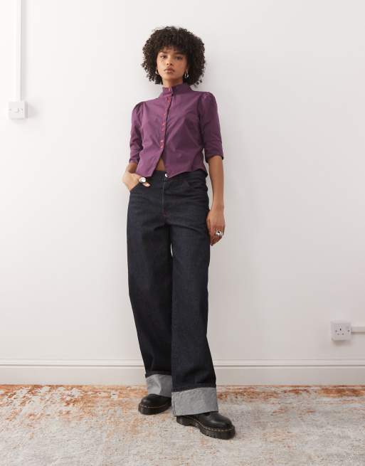 COLLUSION - Blusa rossa e blu a quadri con bottoni, 2 di 4