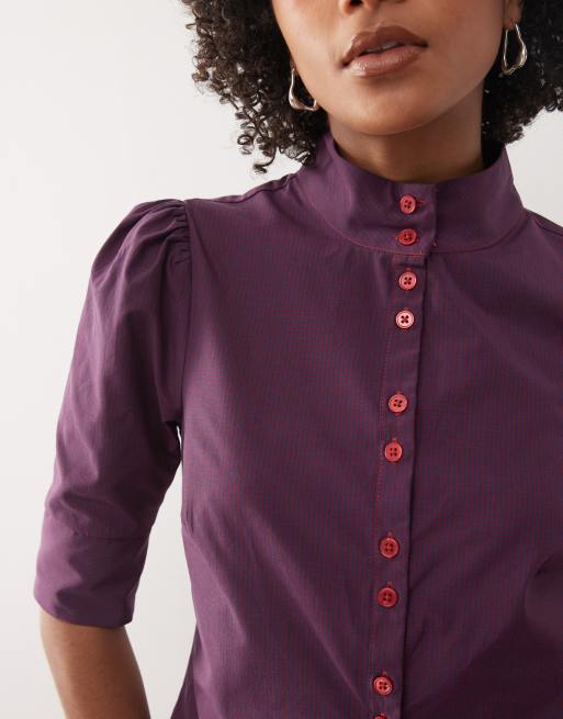 COLLUSION - Blusa rossa e blu a quadri con bottoni, 4 di 4