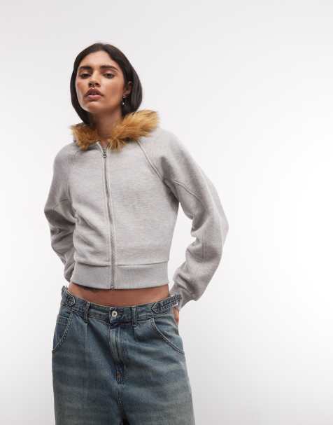 COLLUSION bluza z kapturem zapinana na zamek z wykończeniem faux-fur w kolorze szarego melanżu - view 1