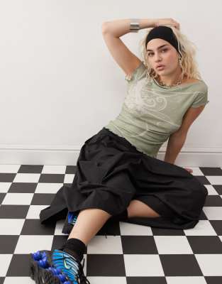 Collusion Boat Neck Semi Sheer Top With Swirl Print In Green-pink