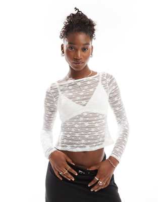 Collusion Boat Neck Textured Lace Long Sleeve Top Cream-white