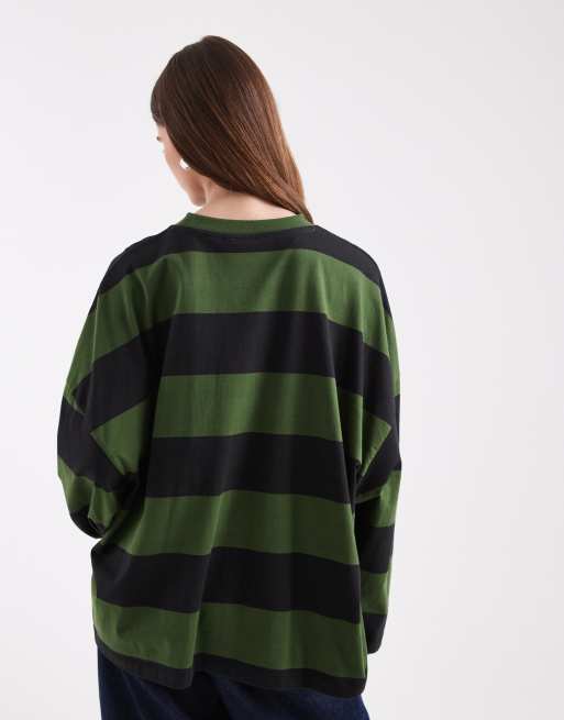 COLLUSION bold stripe long sleeve t-shirt in khaki, 4 of 4