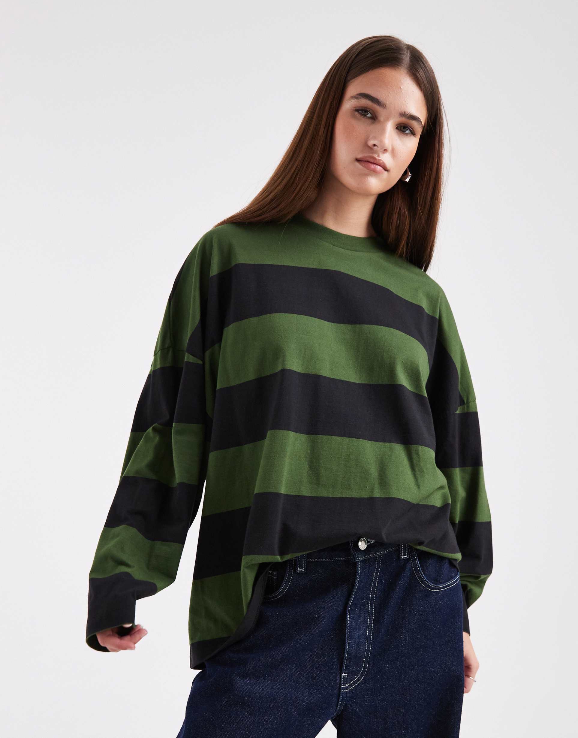 collusion bold stripes long sleeve t-shirt in khaki green