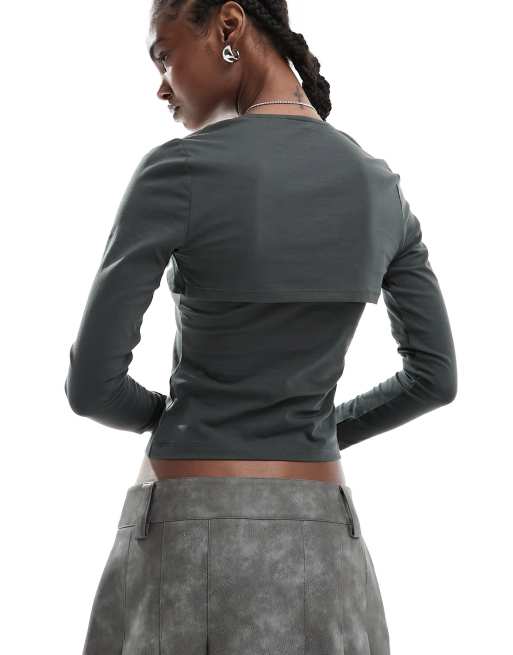 COLLUSION bolero neck long sleeve top in gray