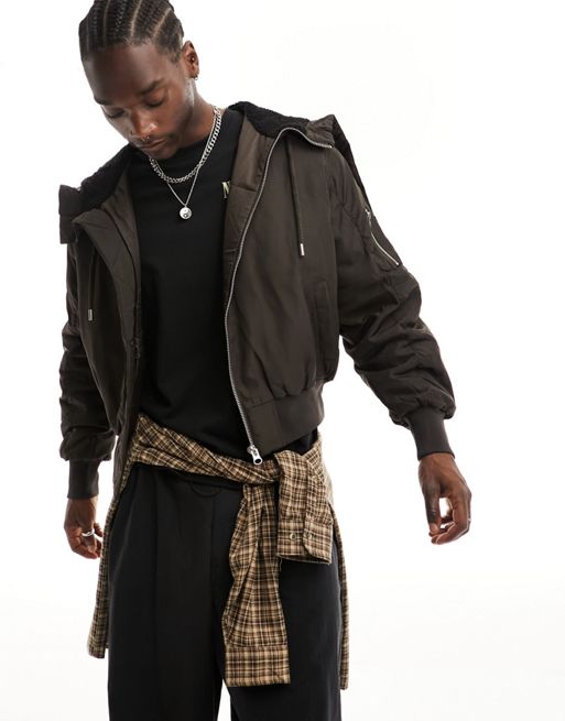 COLLUSION bomber Track jacket with zip hood detail in brown
