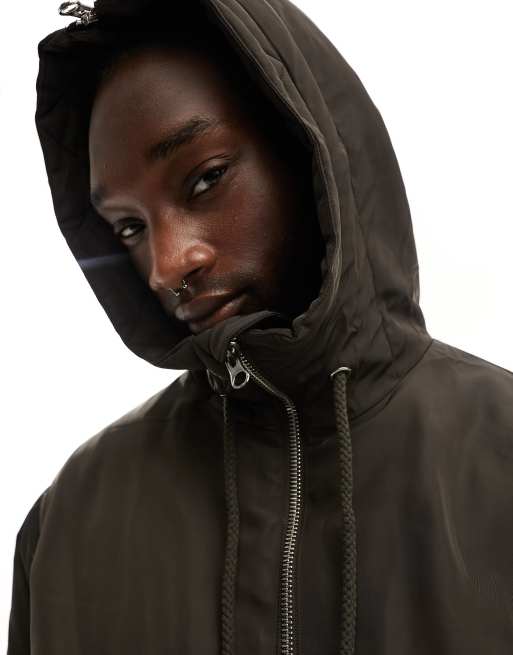 Long bomber shop jacket with hood