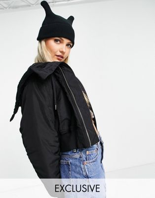 COLLUSION bomber jacket with zip open hood in black | ASOS