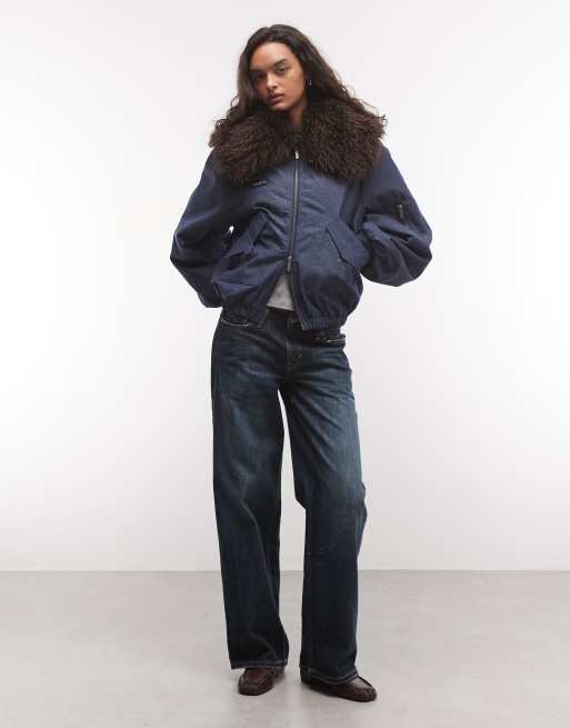 COLLUSION bomber matelassé avec col en fausse fourrure en denim, 2 de 4