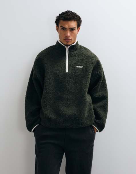 COLLUSION borg funnel neck quarter zip in dark green - view 1