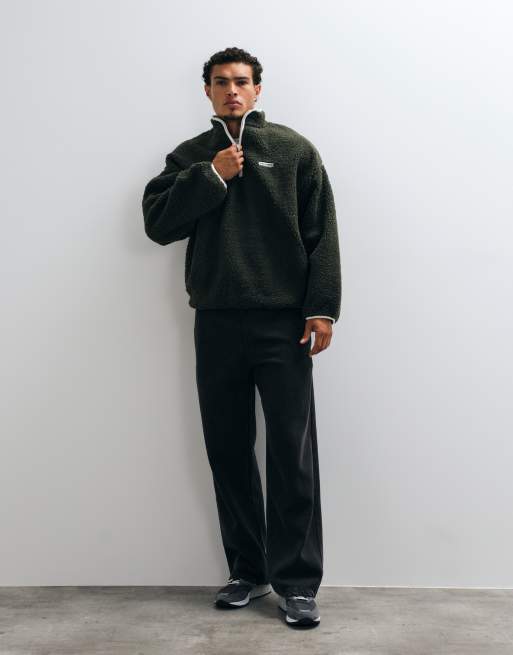 COLLUSION borg funnel neck quarter zip in dark green, 2 of 5