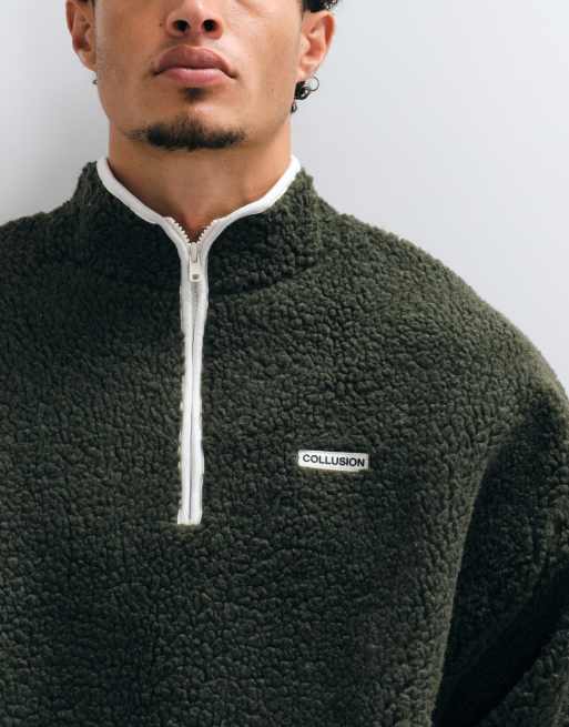 COLLUSION borg funnel neck quarter zip in dark green, 3 of 5