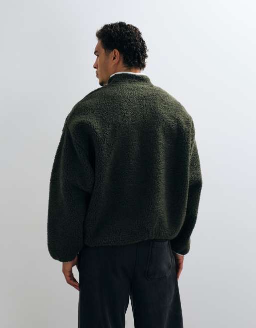 COLLUSION borg funnel neck quarter zip in dark green, 5 of 5